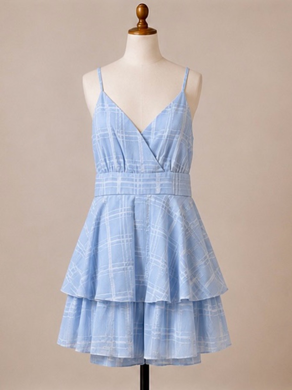 Light Blue Plaid Tiered Spaghetti Strap Rompers